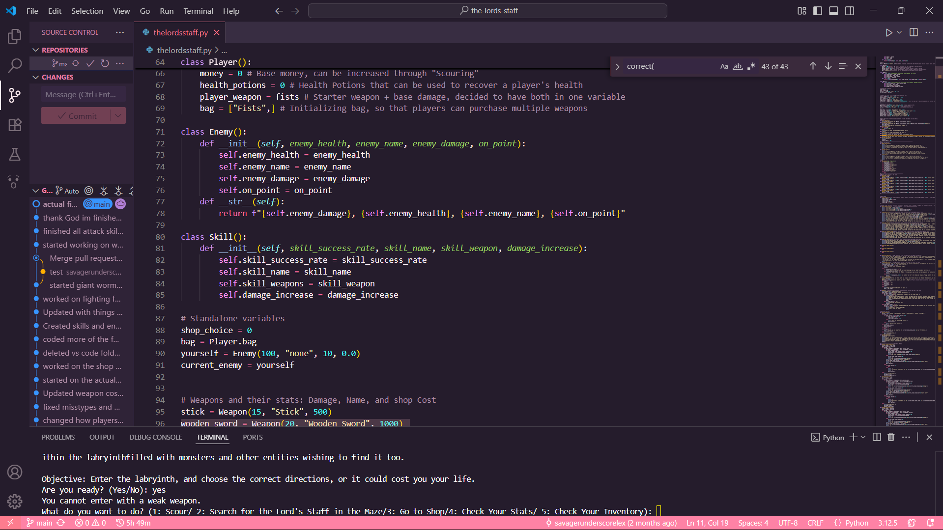 a picture of my project's code: The Lord's Staff